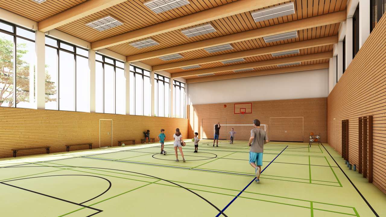 Fachplanung der gesamten Technischen Gebäudeausrüstung durch die Conplaning GmbH der Einfeldsporthalle an der Grundschule Wullenstetten.