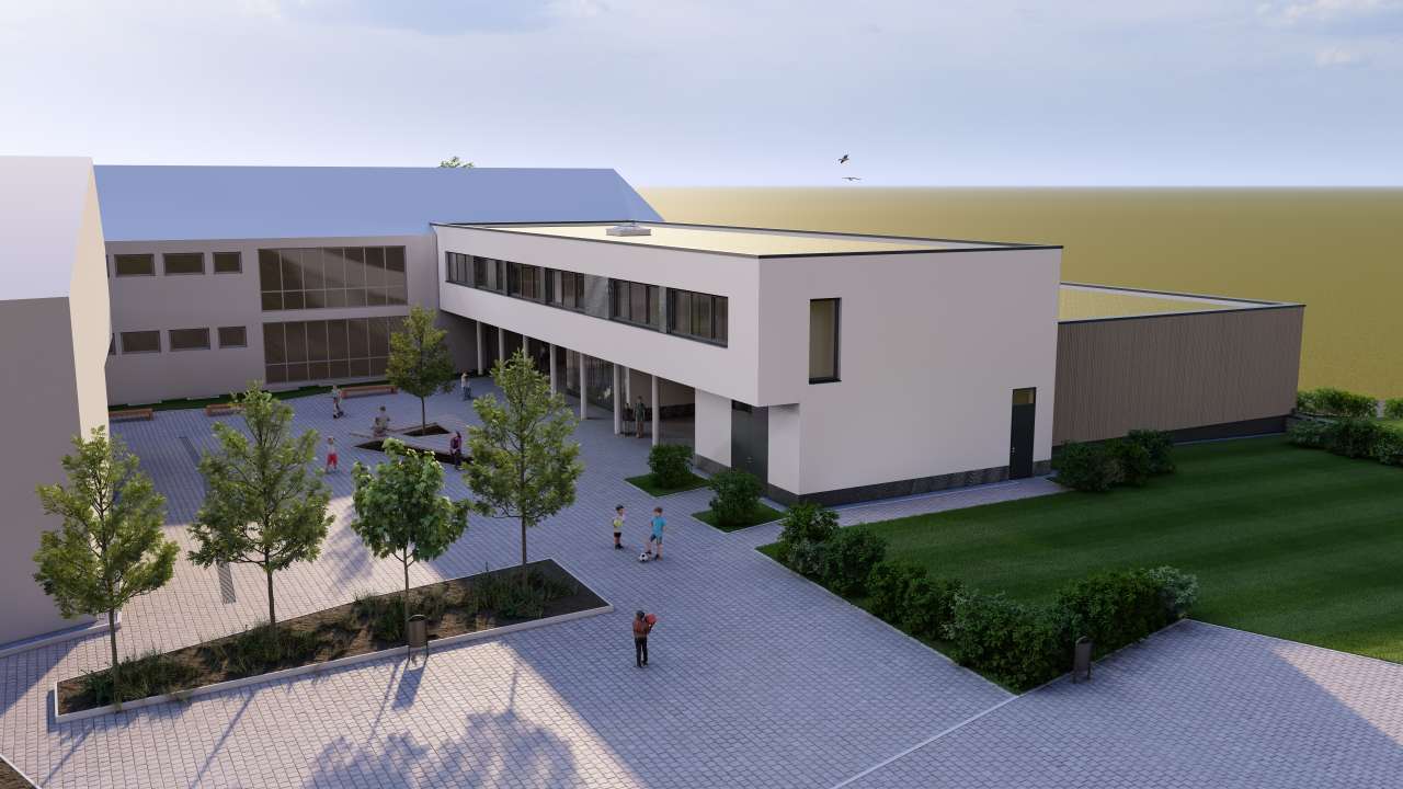 Fachplanung der gesamten Technischen Gebäudeausrüstung durch die Conplaning GmbH der Einfeldsporthalle an der Grundschule Wullenstetten.