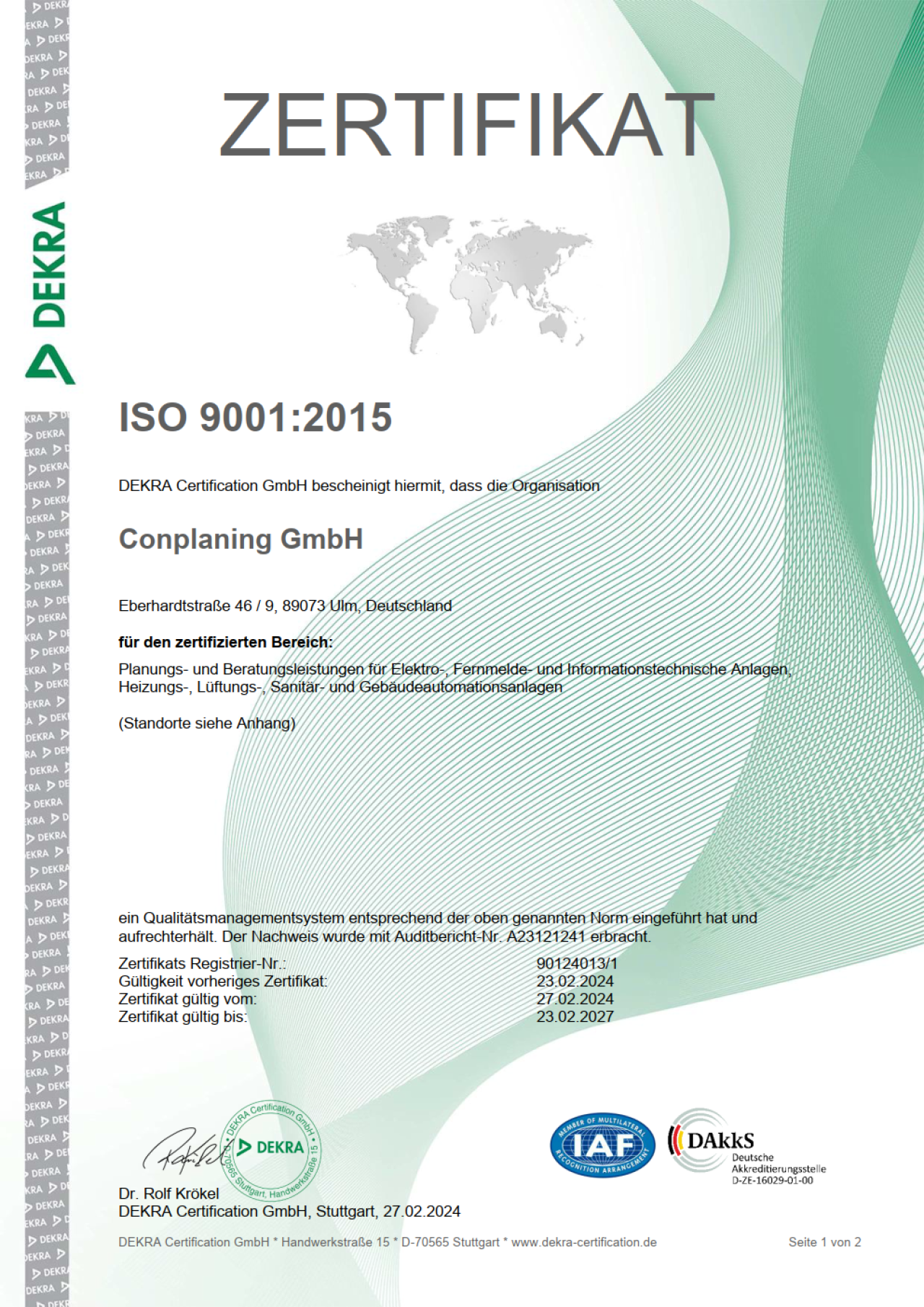Zertifikat DIN ISO 9001:2015 Conplaning GmbH.