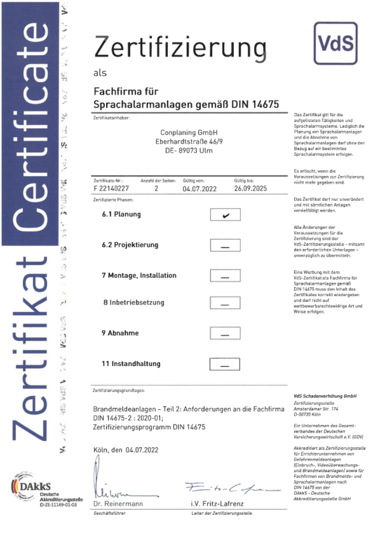 Zertifizierung als Fachfirma für Sprachalarmanlagen gem. DIN 14675.